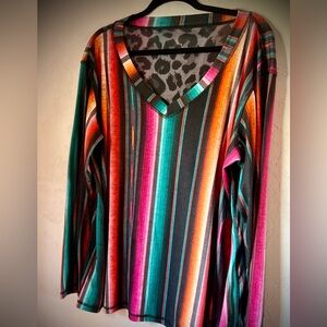 Vibrant Reversible Sarape Leopard Multi-Stripe V-Neck Long Sleeve Tee 2X